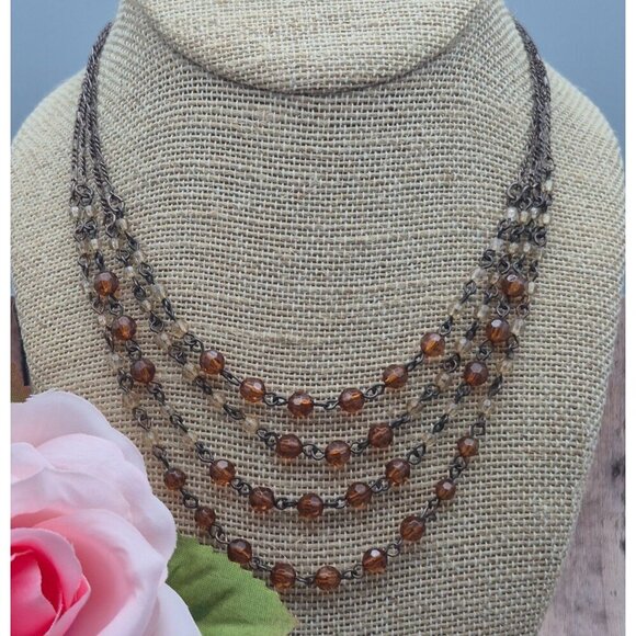 1928 Brand Multi Strand Collar Necklace Bronze Color & Amber Orange Faceted Bead - Picture 2 of 8